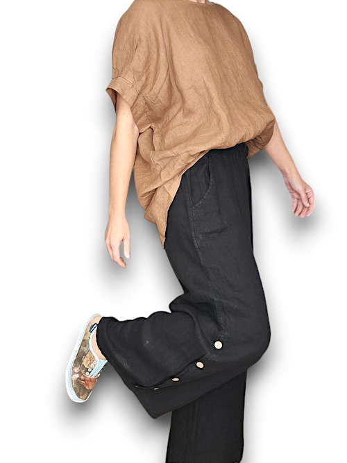 Along Side Button Linen Pants-Black