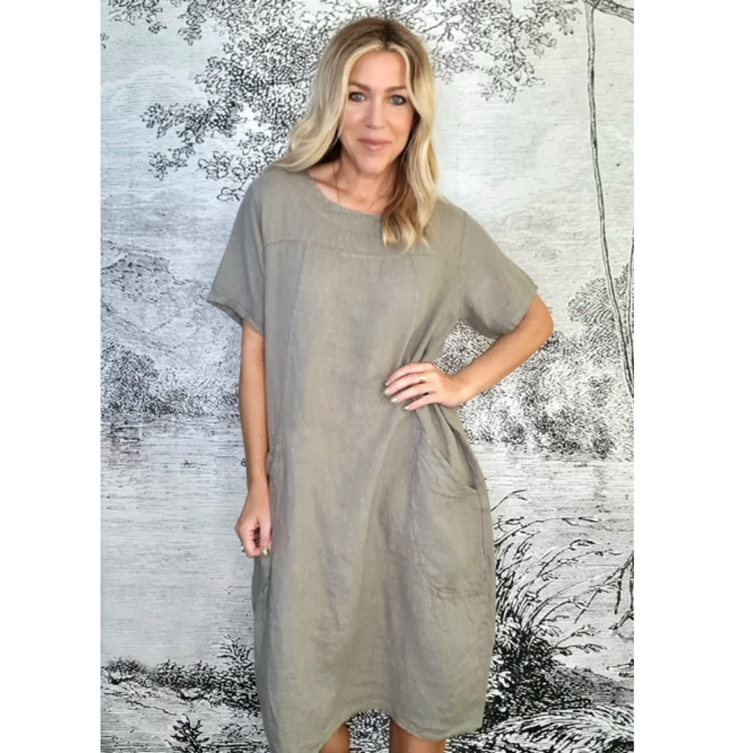 T Shape Linen Dress Mid Maxi Mocha